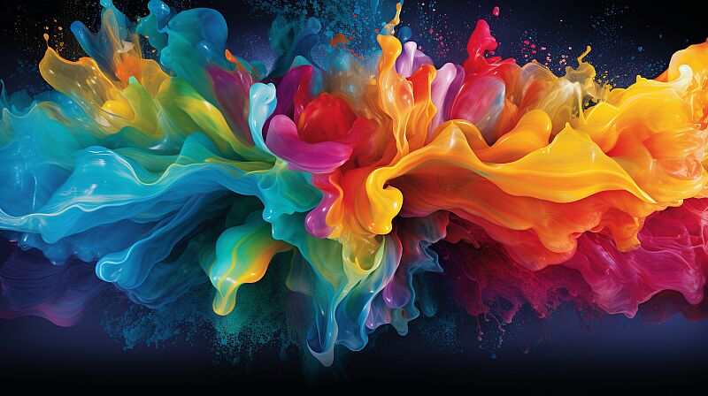 Waves of rainbows colors for an ad, paint brushes placed everywhere, splash effects, abstract, smooth --aspect 16:9