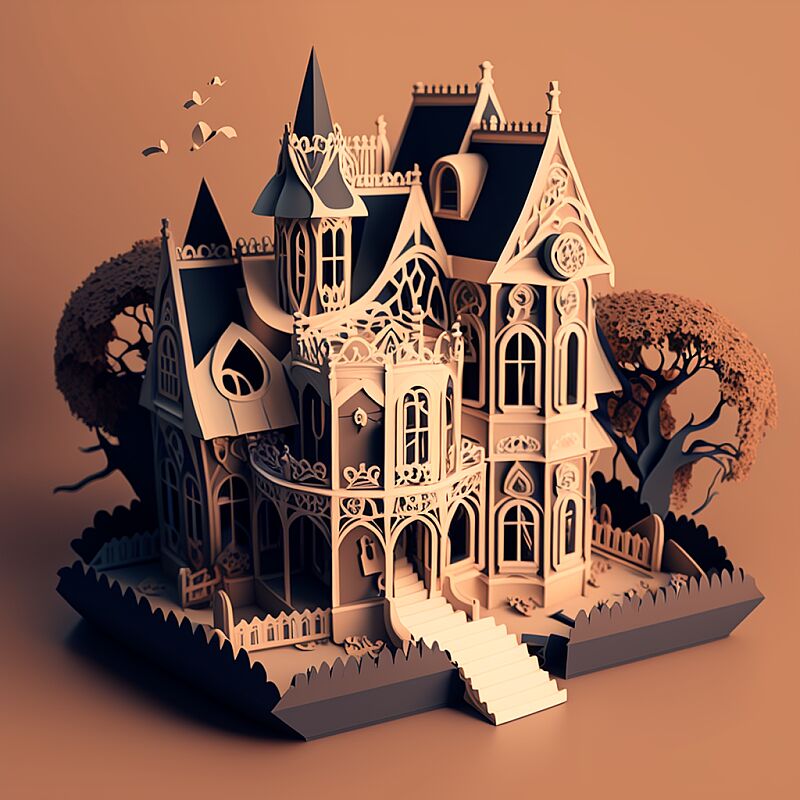 cardboard mansion in 3d isometric view in Tim burton style and victorian style in haloween