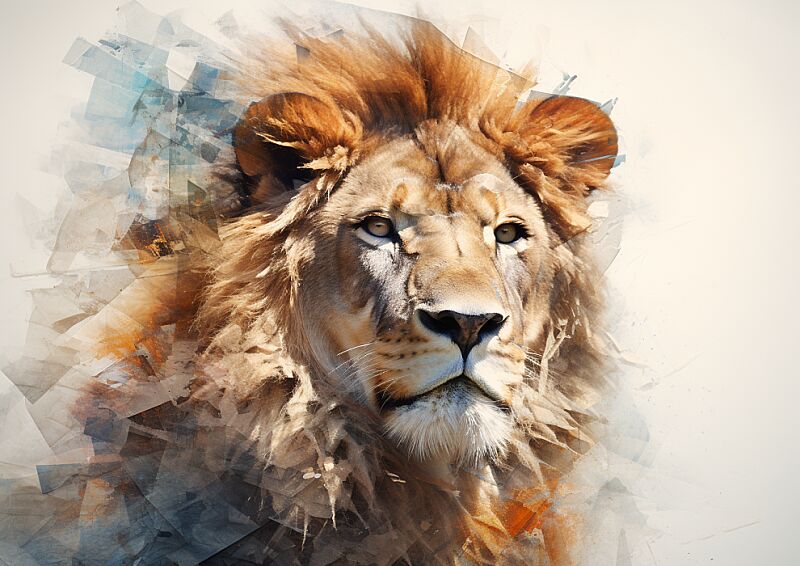 multiple exposures of lion on a fragmented collage --ar 7:5 --style raw --v 5.2