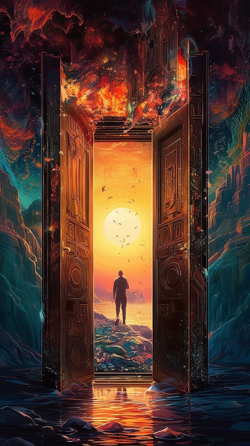 open the door, holographic, abstract surrealism, needlepoint, palekh, intense and detailed, illustration by Beeple, Bastien Lecouffe-Deharme, and Charles Vess --ar 9:16 --s 350 --q 2 --c 15  --v 5.1