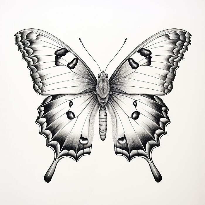 Create a low detailed monochrome illustration of [butterfly], featuring a detailed line-drawing style with realistic elements. The subject should be prominent in the composition with a background that complements its form. Use clean lines and cross-hatching to add texture and depth, capturing the essence of the subject in a striking and recognizable manner. --v 5.2 --style raw --s 150