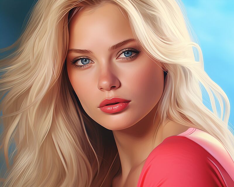 an image of a blonde woman with blue eyes, in the style of digital airbrushing, airbrush art, realistic detailing, light crimson and light blue, celebrity image mashups, high definition, loose paint application --ar 5:4 --v 5.2 --style raw