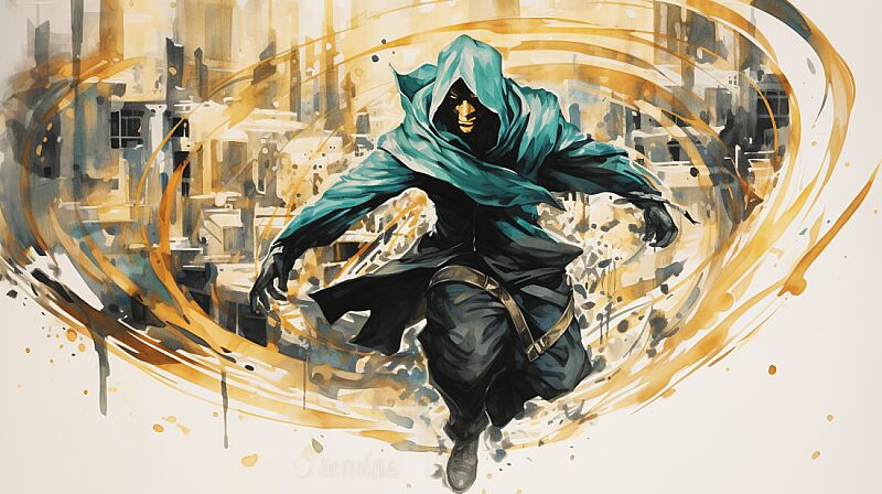 ink sketch, Ninja in a warped cityscape folding onto itself, capturing the surreal essence of Inception, featuring gold and teal --ar 16:9 --v 5.2