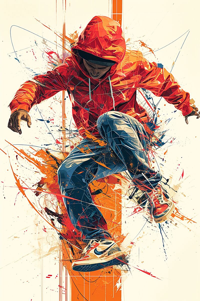 Wall art, Break dancer,Hip hop, in the style of martin ansin, hip hop aesthetics, graphic, sharp angles, neo-concrete art, grzegorz domaradzki,silkscreen, letterpress, dynamic forms, vectors, adobe illustrator --ar 2:3 --s 400 --v 6.0 --style raw