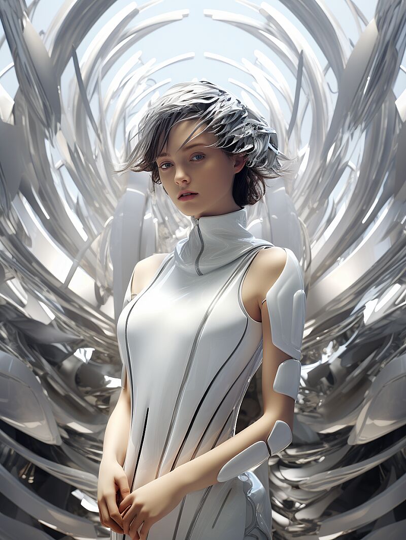 woman standing in front of an abstract structure, in the style of mechanized precision, white and silver, shiny/glossy, youthful protagonists, ray tracing, --ar 3:4 --style raw