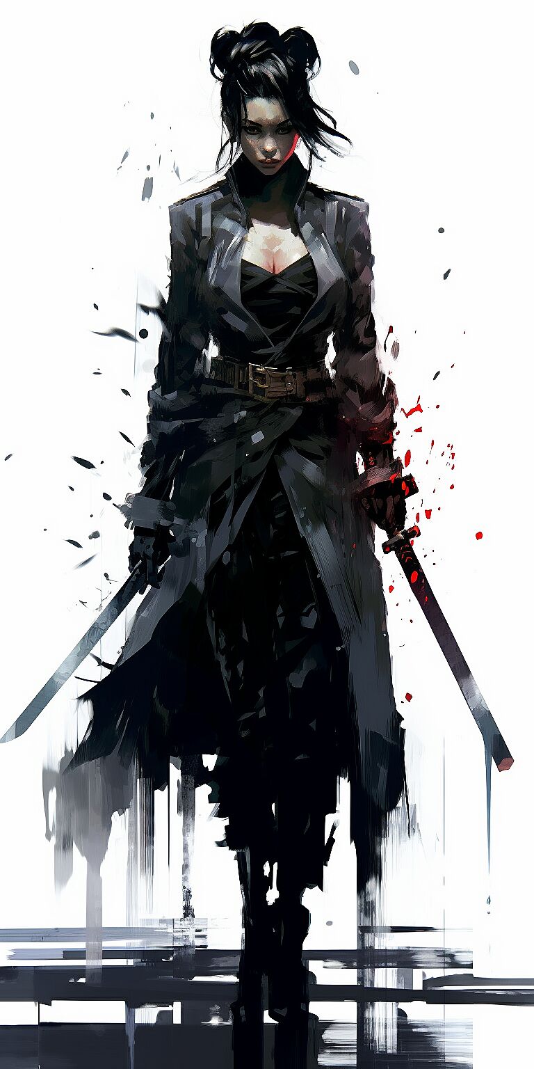 a young female dressed in a ronin fashion, punk style, in the style of Samurai Champloo, Christopher Balaskas, Benedick Bana, dressed in black, with swords and harpoons and a witch, detailed animecore illustration, Dustin Nguyen, Fenghua Zhong, hayao miyazaki, in the style of anime aesthetic, dark silver and dark red, minimalist form, bunnycore, naïve drawing, nu-goth, q hayashida --ar 1:2 --c 10 --s 1000 --style raw  --v 5.1 --q 2