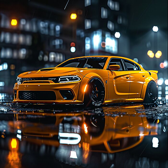 create image of 2025 DODGE CHARGER in yellow colore with dark background --v 6.0