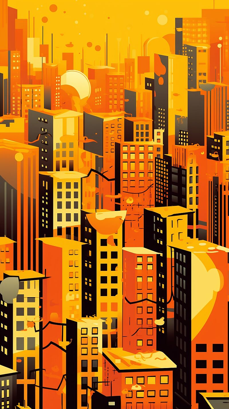 Clip Art cityscape, vibrant colors and geometric patterns, a yellow background, designed by Herge, lava glow, Low angle --v 5.1 --style raw --s 250 --ar 9:16