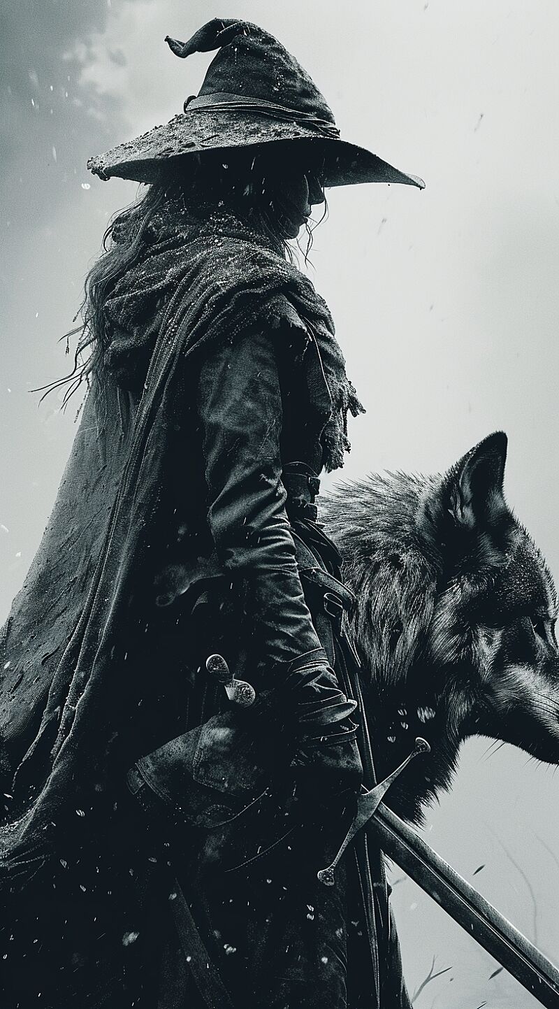 witches woman with sword and a wolf on black background, in the style of andrzej sykut, photorealistic detail, peter lindbergh, depiction of animals, jay anacleto, wilderness, movie poster --ar 71:128 --stylize 250 --v 6.0 --style raw