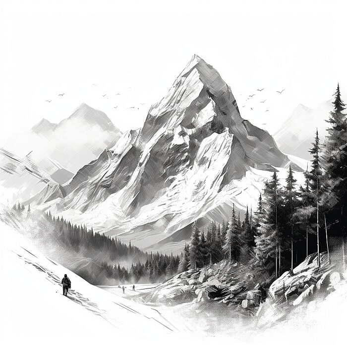 Create a low detailed monochrome illustration of [mountains], featuring a detailed line-drawing style with realistic elements. The subject should be prominent in the composition with a background that complements its form. Use clean lines and cross-hatching to add texture and depth, capturing the essence of the subject in a striking and recognizable manner. --v 5.2 --style raw --s 150