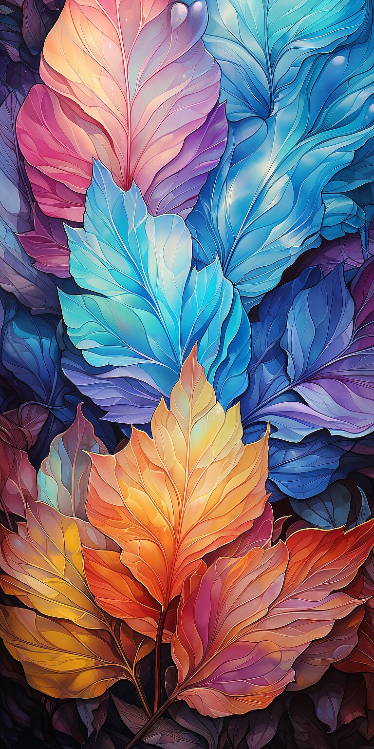 Falling leaves in rainbow colors, pastel , digital painting, very beautiful and soothing visual experience --ar 1:2 --c 10 --s 450