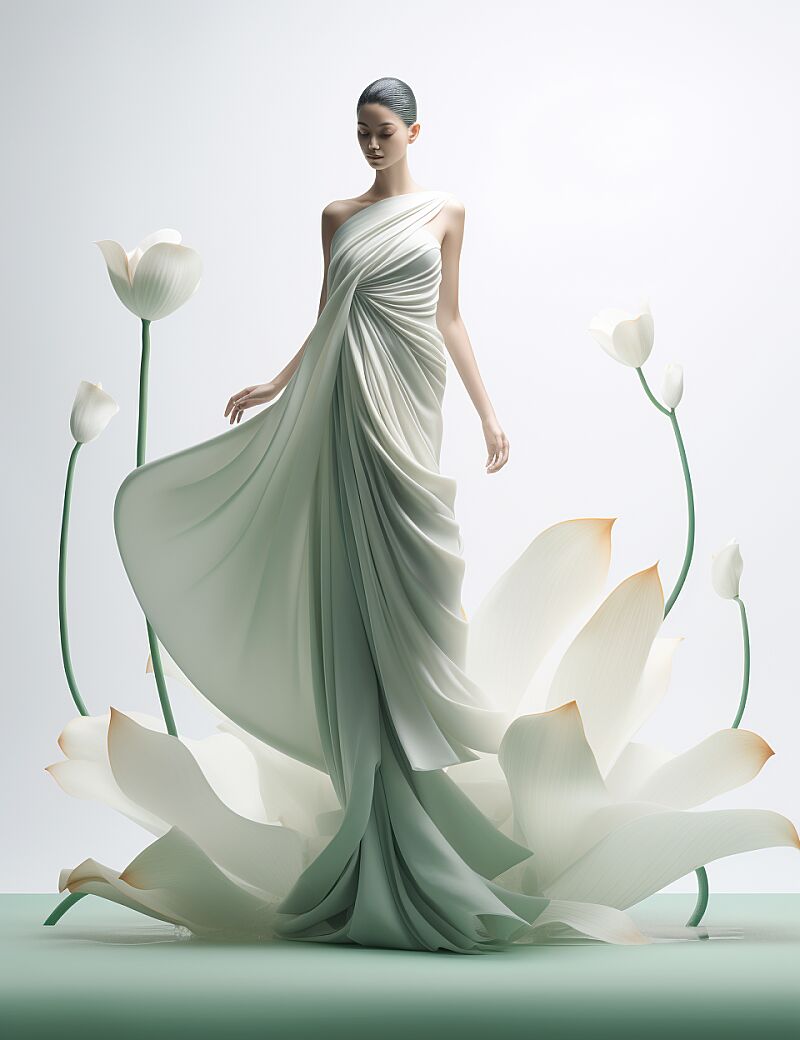 image of a woman dressed in an oriental gown, and a lotus flower, in the style of light white and light emerald, minimalist landscapes, rendered in cinema4d, meticulous design, graceful figures, asymmetrical balance --ar 99:128 --v 5.2 --style raw