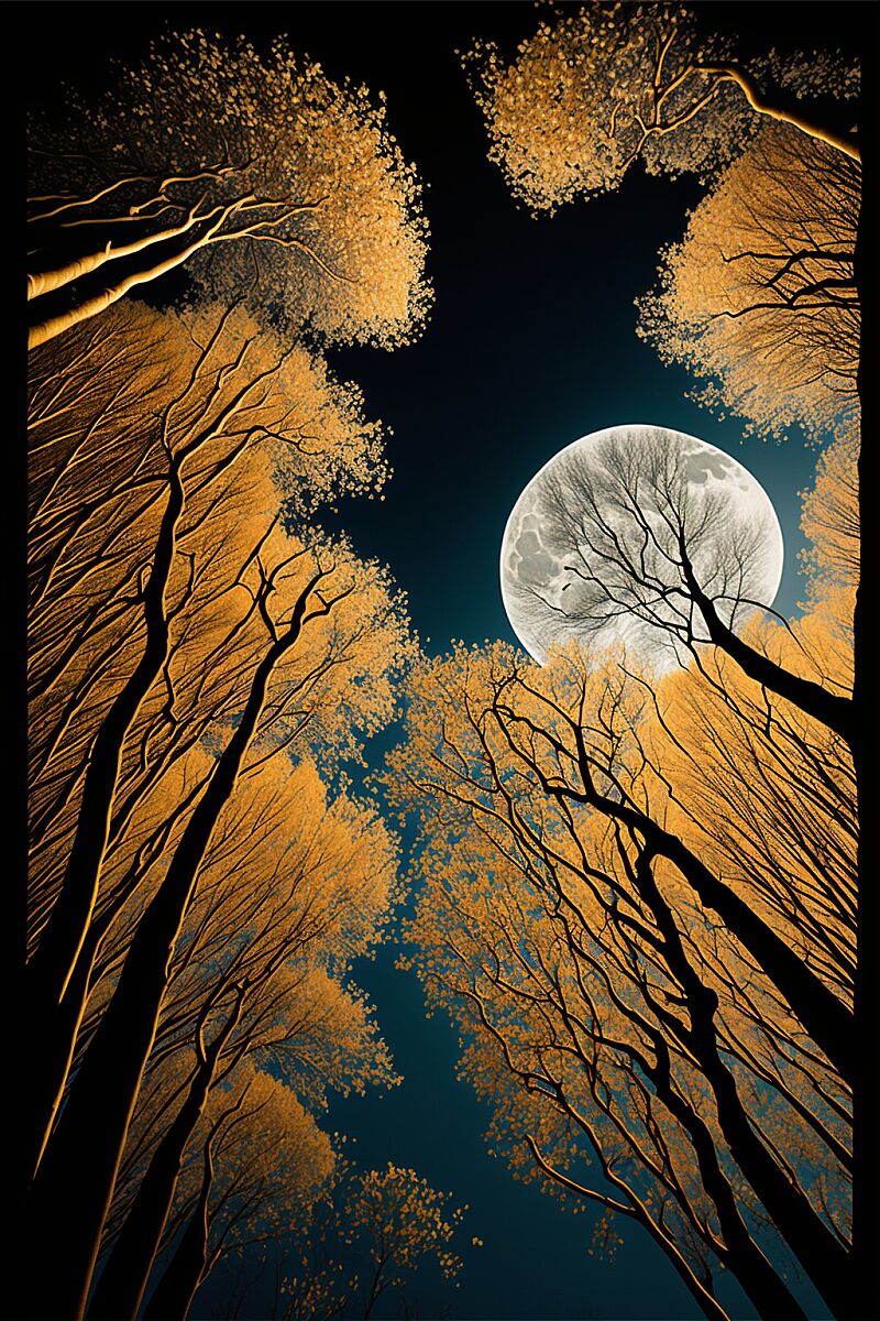 Vertical tilt,Multiple straight trees,Tree without leaves,Golden tree trunk,Look up and see the moon in the sky,Ultra low angle --ar 2:3 --v 4