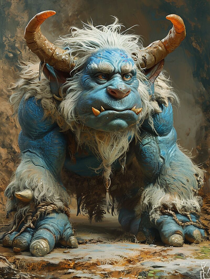 an art model of a troll, with horns and, in the style of zbrush, action-packed cartoons, bernardo strozzi, beige and azure, yanjun cheng, detailed character illustrations, thick paint layers --ar 58:77 --s 250 --v 6.0 --style raw