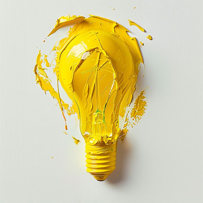 Top-down photograph of a vibrant yellow light bulb silhouette made from paint smears, pure white background --v 6.0