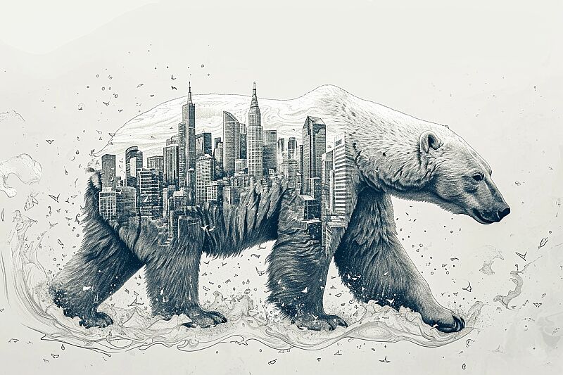 polar bear, city skyline, in the style of intricate line art, organic chaos, explosive wildlife, made of all of the above --ar 3:2 --v 6.0 --style raw