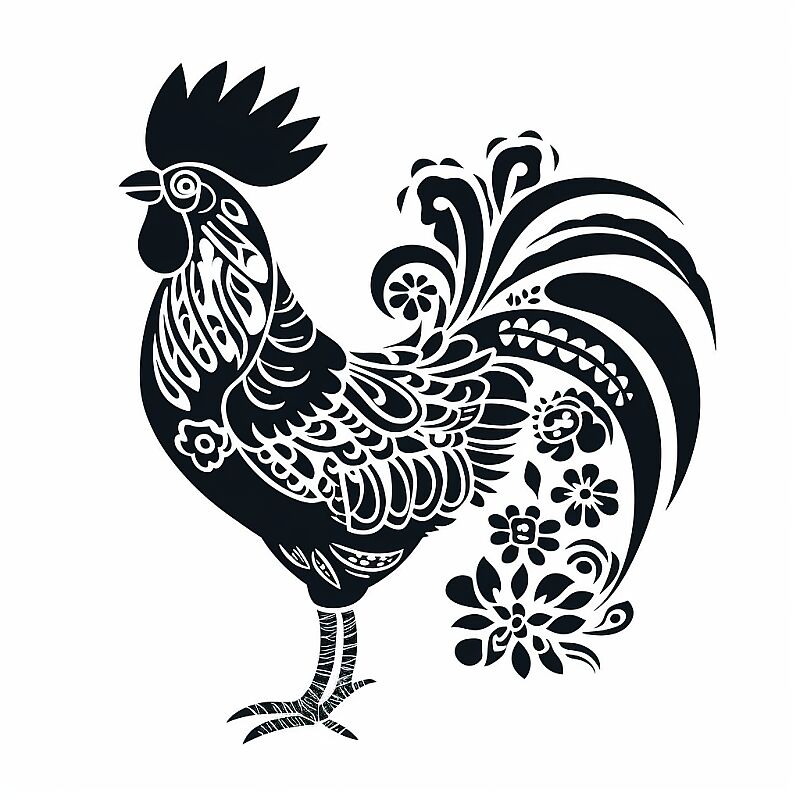 gallic rooster svg, black and white, on white background --chaos 45  --q 2 --style raw