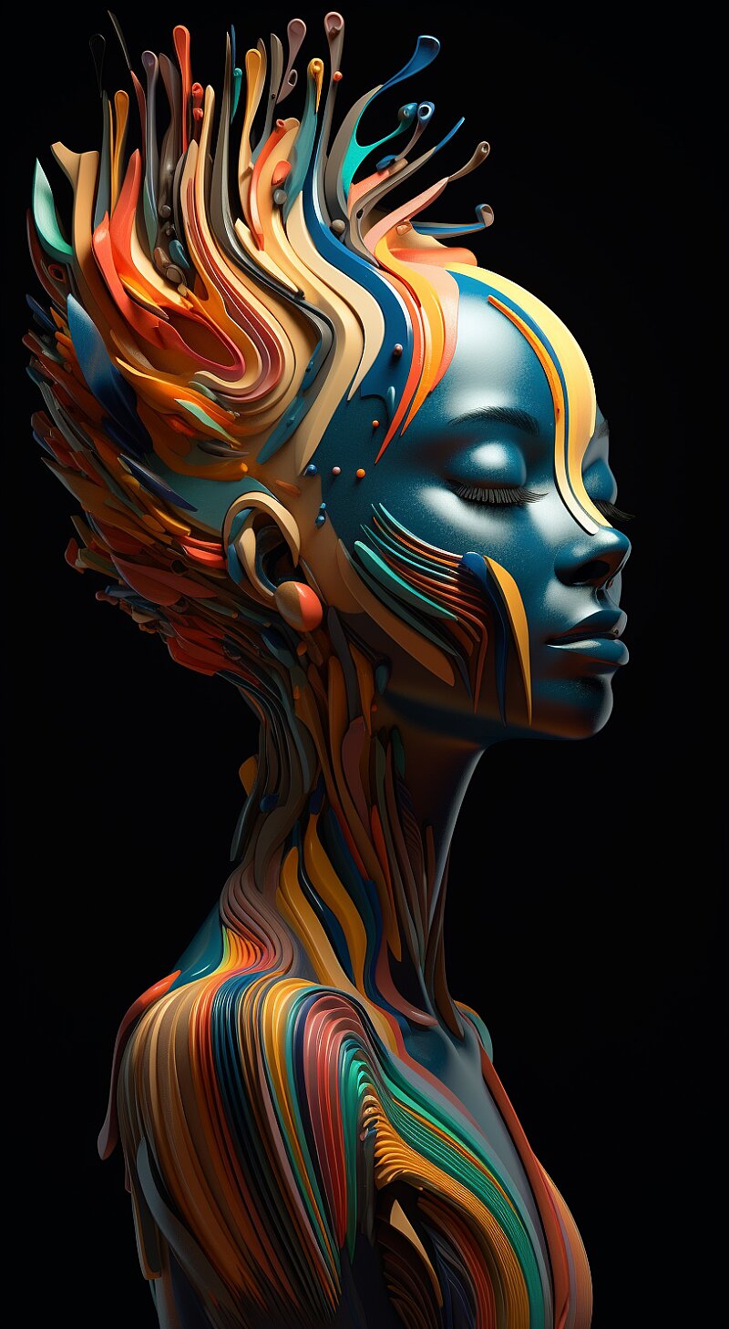 abstract girl in dark background 3d illustration illustration in 3d, in the style of ian davenport, african influence, detailed perfection, colorful woodcarvings, anna dittmann, presentation of human form, meticulous detail --ar 16:29