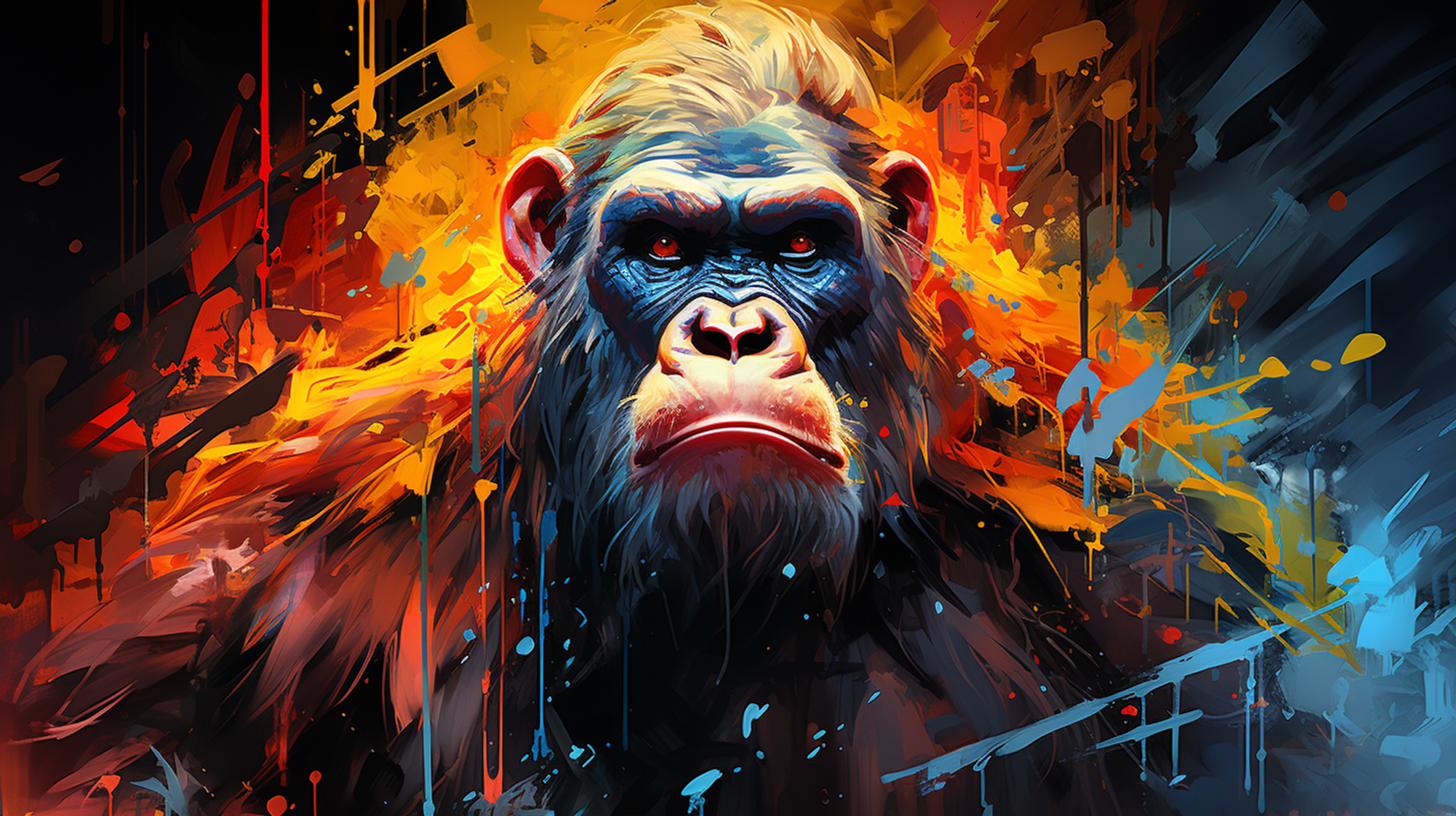 gorilla, neon oil painting, thick brush strokes --s 400 --c 40 --ar 16:9 --style raw