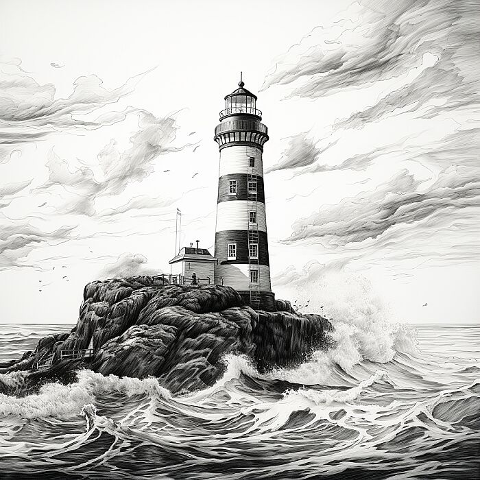 Create a low detailed monochrome illustration of [lighthouse], featuring a detailed line-drawing style with realistic elements. The subject should be prominent in the composition with a background that complements its form. Use clean lines and cross-hatching to add texture and depth, capturing the essence of the subject in a striking and recognizable manner. --v 5.2 --style raw --s 150