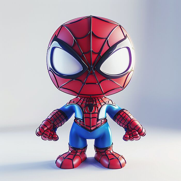 A cute chibi spiderman toy made of plastic material, white background, C4D rendering, kawaii, cute expression design, bright colors, soft lighting effects, a 3D icon clay, blender --v 6.0