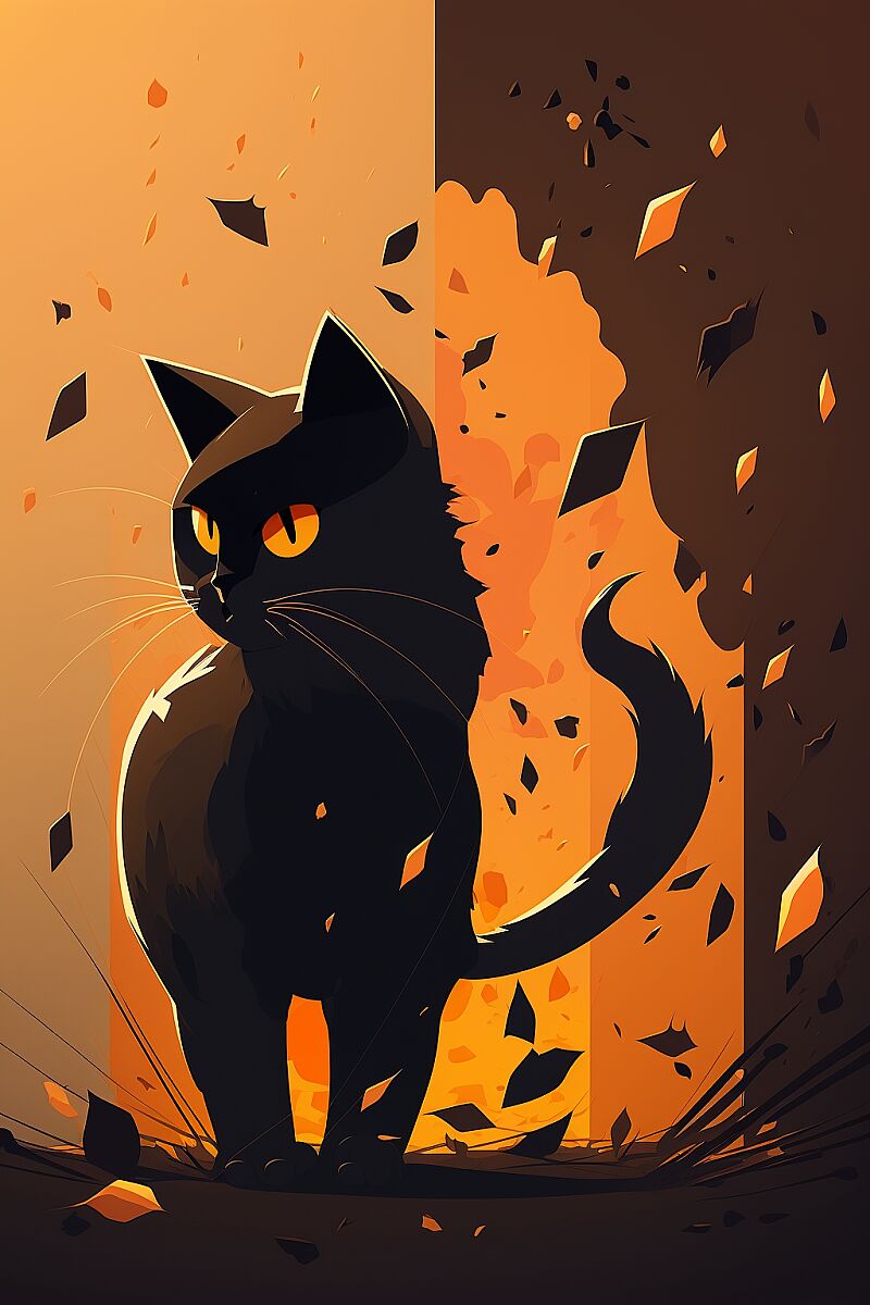 black cat, orange background, super simplle, simple illustration, cartoon, day lighting, casual, background, beautiful lights, simple, casual game, stylised, creative --ar 2:3