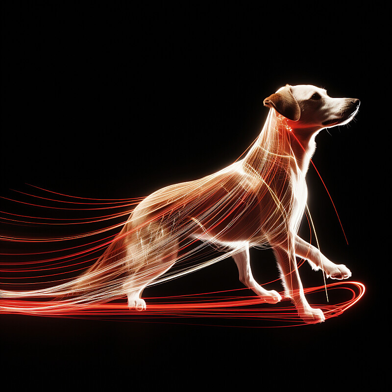 a Dog, with white lines along one side of frame, in the style of abstract forms in motion, flickering light effects, dark white and red, art nouveau curves, goerz hypergon 6.5mm f/8, light white and light orange, sublime light effects --style raw