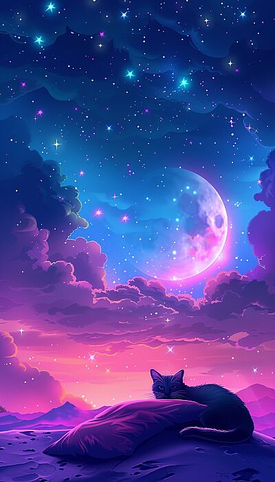 Dreamy Night: Visual: A visually stunning and dreamlike scene with a gradient of deep, calming colors such as purples, blues, and pinks could feature a silhouette of a person resting comfortably on a cozy-looking bed. Floating above them could be a scattering of stars and a sliver of moon, coupled with the image of a contented cat curled up nearby. The simplicity and vibrancy of the colors would evoke a sense of relaxation and tranquility. --ar 4:7 --v 6.0