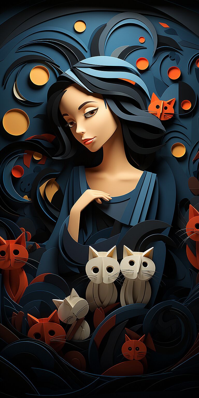 women who love cats, in the style of eiko ojala, fauvist animator, amedeo modigliani, traditional animation, laurel burch, romantic figurative works, dark sky-blue and orange --ar 1:2 --s 750