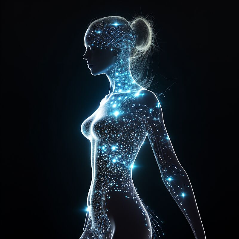 photoshoot of a ghost female silhouette made of a million sparkles. Blue and silver scenery. Low profile view. Ultra realistic