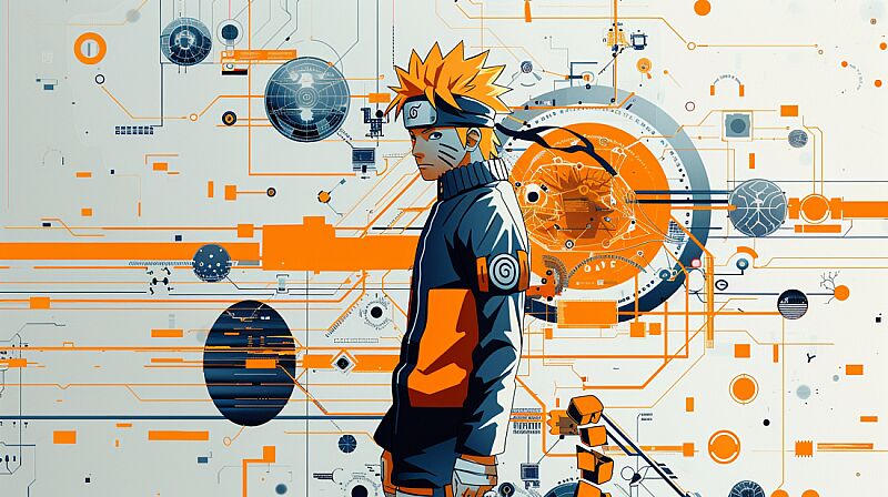 naruto made of circuit boards and wires | standing on an array of orange accents | white background with geometric shapes | surrounded by various elements representing different forms of data collection such as graphs or charts | This design embodies modern technology aesthetics while maintaining a playful atmosphere | Vector illustration in the style of modern technology aesthetics | naruto Illustration --ar 16:9 --s 120 --v 6.0