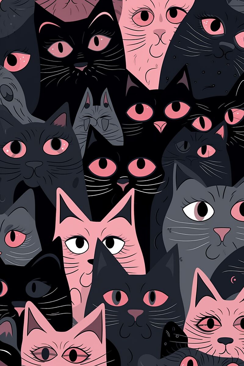 a wallpaper of cats with pink eyes, in the style of dark gray and light gray, animated gifs, whimsical cartoon, close-up, the helsinki school resolution=high, HD --v 5.0 --ar 2:3