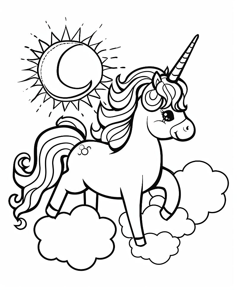 coloring page for kids, unicorn, cartoon style, sun, clouds, happy, thick lines, low details, no shading, --ar 9:11 --v 6.0 --style raw