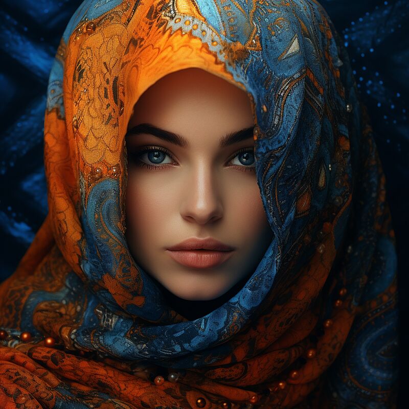 Create a hyper-realistic portrait of a woman with a detailed headscarf in a scaly pattern, featuring a color gradient from warm oranges to cool blues. The texture should be so vivid it feels tactile. Her makeup echoes the scarf's hues. The patterned background blurs into dots, adding depth and making her stand out. The image is rich in detail, showcasing the woman with an elegant and mysterious presence --v 5.2 --style raw