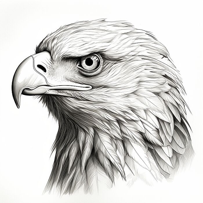 Create a low detailed monochrome illustration of eagle, featuring a detailed line-drawing style with realistic elements. The subject should be prominent in the composition with a background that complements its form. Use clean lines and cross-hatching to add texture and depth, capturing the essence of the subject in a striking and recognizable manner. --v 5.2 --style raw --s 150