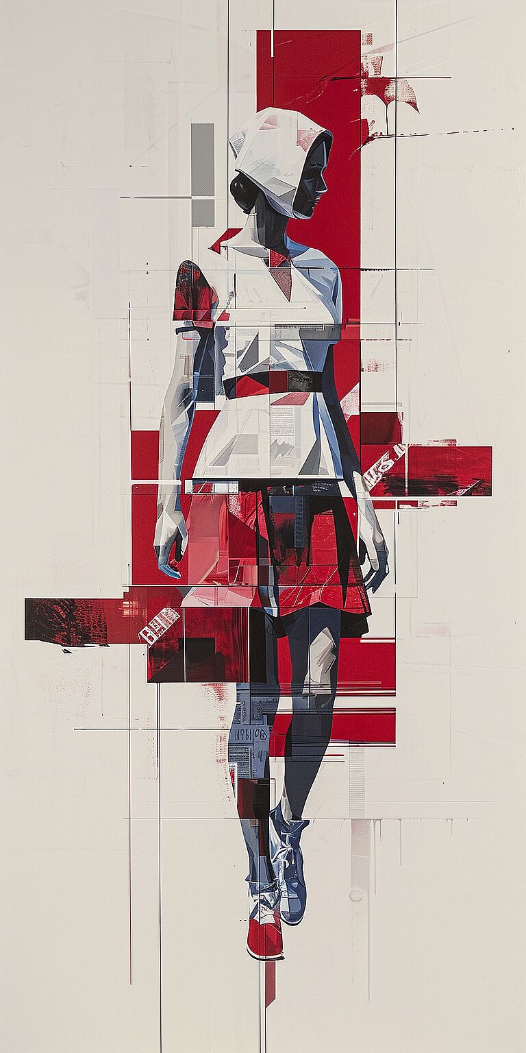 painting of a woman wearing red, white and blue, in the style of pristine geometry, geometric pencil construction lines, hyperrealistic illustrations, deconstructed pop, elegant figures, capture urban, blueprint, sleek --ar 1:2 --s 250 --v 6.0 --style raw