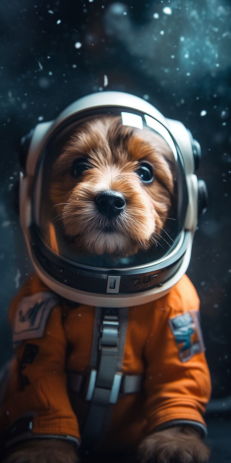 Tiny cute and adorable astronaut puppy dog, anthropomorphic, model pose, dramatic lighting, cinematic, photography --chaos 10 --ar 2:4 --style raw --style raw