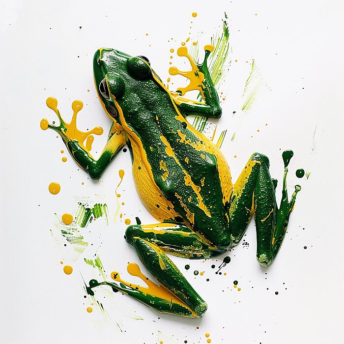 Top-down photograph of a vibrant green, yellow frog silhouette made from paint smears, pure white background --v 6.0