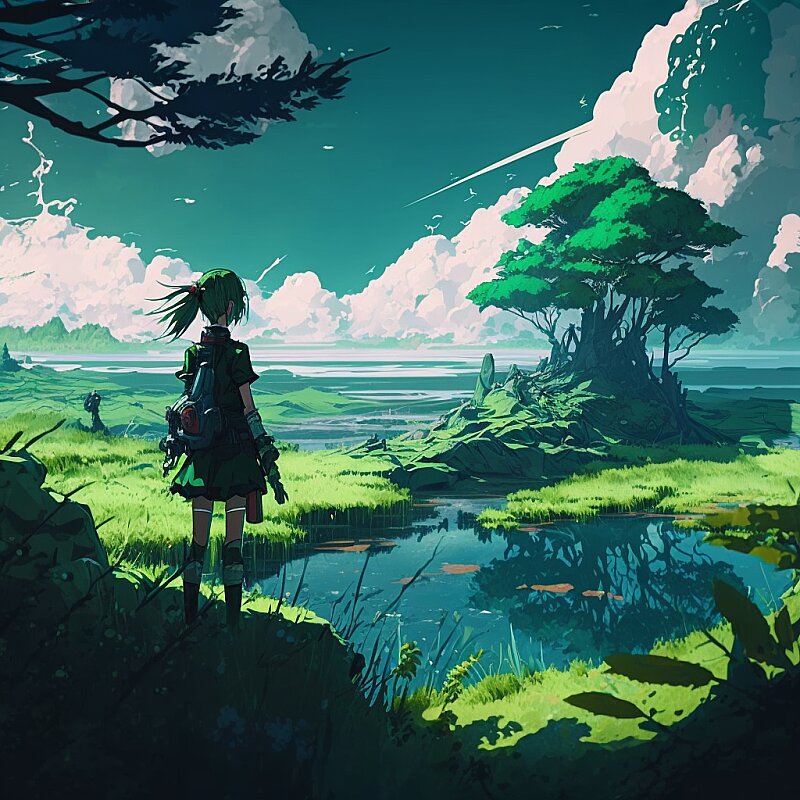 epic green savanah scenary anime style