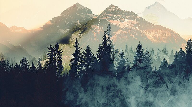 mountains, trees, double exposure --ar 16:9 --v 6.0