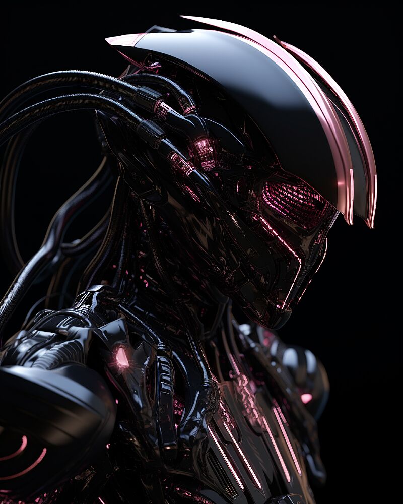 &lt;https://s.mj.run/3RAq5trENgA&gt; &lt;https://s.mj.run/l7U_QcOVcgc&gt; portrait of clear plastic xenomorph gundam wearing vantablack cyberpunk armor, wires, connections, circuit board, photos taken with HASSELBLAD H6D, Zeiss, 50mm, iso 800, Professional lighting, photorealism, perfect focus, hyperrealism, photorealistic, studio photography, pink, vantablack, gold, metallic --style raw --ar 4:5 --c 15