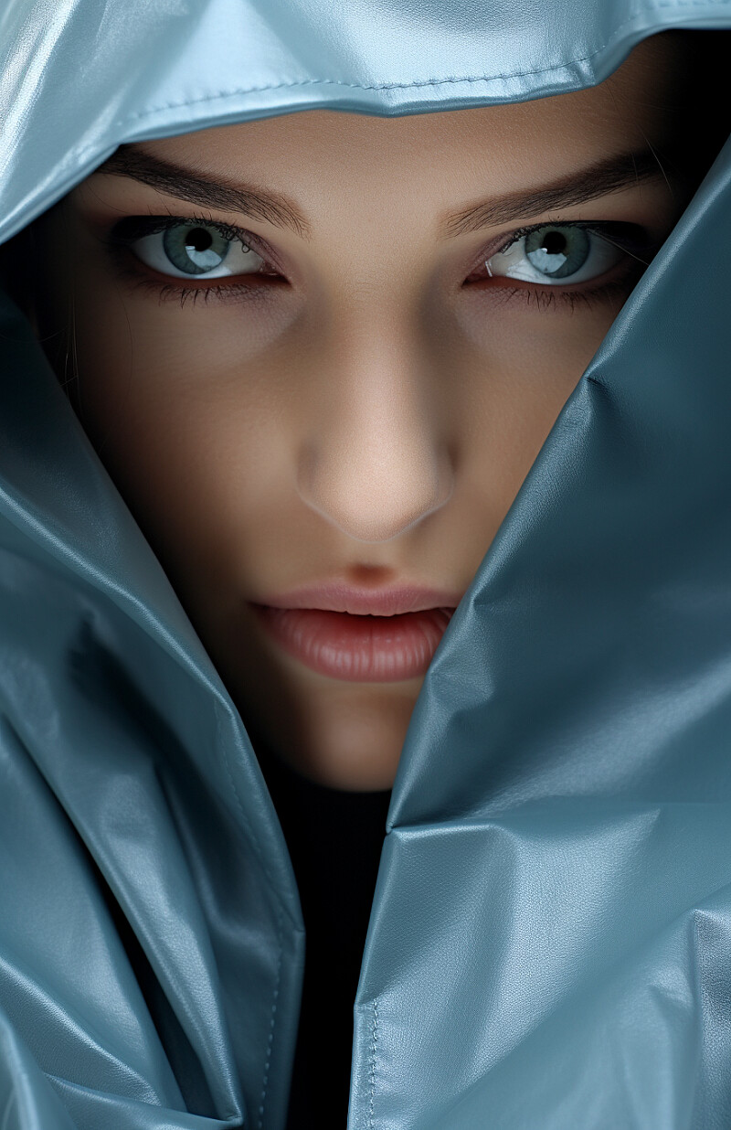 girl with hand covering her face in a grey trench coat, in the style of dark silver and light azure, clean minimalist lines, anastasiya dobrovolskaya, leather/hide, photo taken with provia, flowing fabrics, close up --ar 71:110 --v 5.2 --style raw