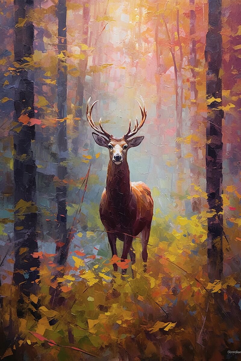 Palette knife oil painting of a deer in an atmospheric forest, enchanting colors --ar 2:3 --c 10 --s 800