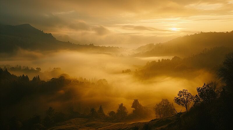 a valley with thin fog, dawn, ethereal and mysterious, cinematic scene from the movie A Monster calls, captured by Nikon D850, the film directed by J. A. Bayona, fancy, low key lighting --ar 16:9 --v 6.0 --style raw