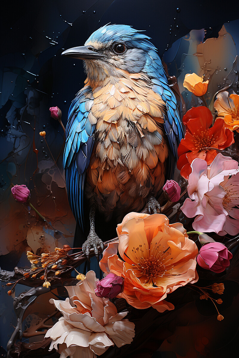 Birs, flowers, tree, alcohol ink and impasto mix, realistic photography, colorful background, detailed portrait, intricate details, rich colors, realistic style, front look, --ar 2:3 --s 750