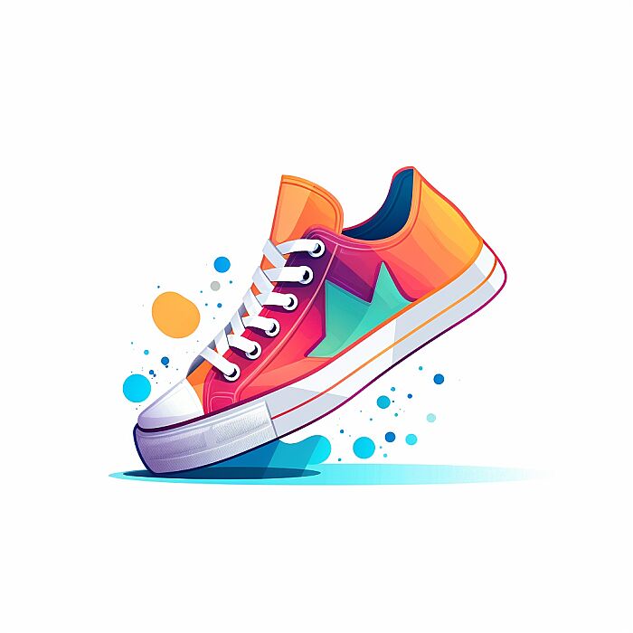 Create an minimalist illustration with a central [shoe] in a vibrant, stylized, and colorful design. The subject should be detailed and the central focus, with the rest of the image fading into a clean, white background. The style should be whimsical and modern, with a touch of playfulness and a flat design aesthetic. --v 5.2 --s 50 --style raw