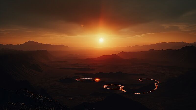 shot from above. a cinematic solar eclipse:2 in the distance hovering over an arid mountain plain full of volcanic lava flows which mean meander down below --ar 16:9 --v 5.2 --style raw