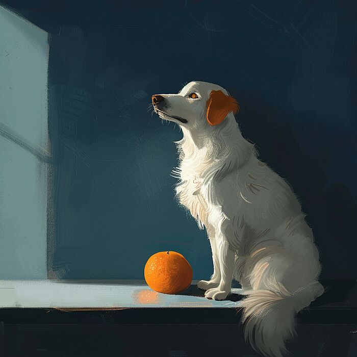 animation about a Dog, in the style of dark white and orange, minimal design, realistic painted still lifes, cartoonish innocence, dark sky-blue and white --v 6.0