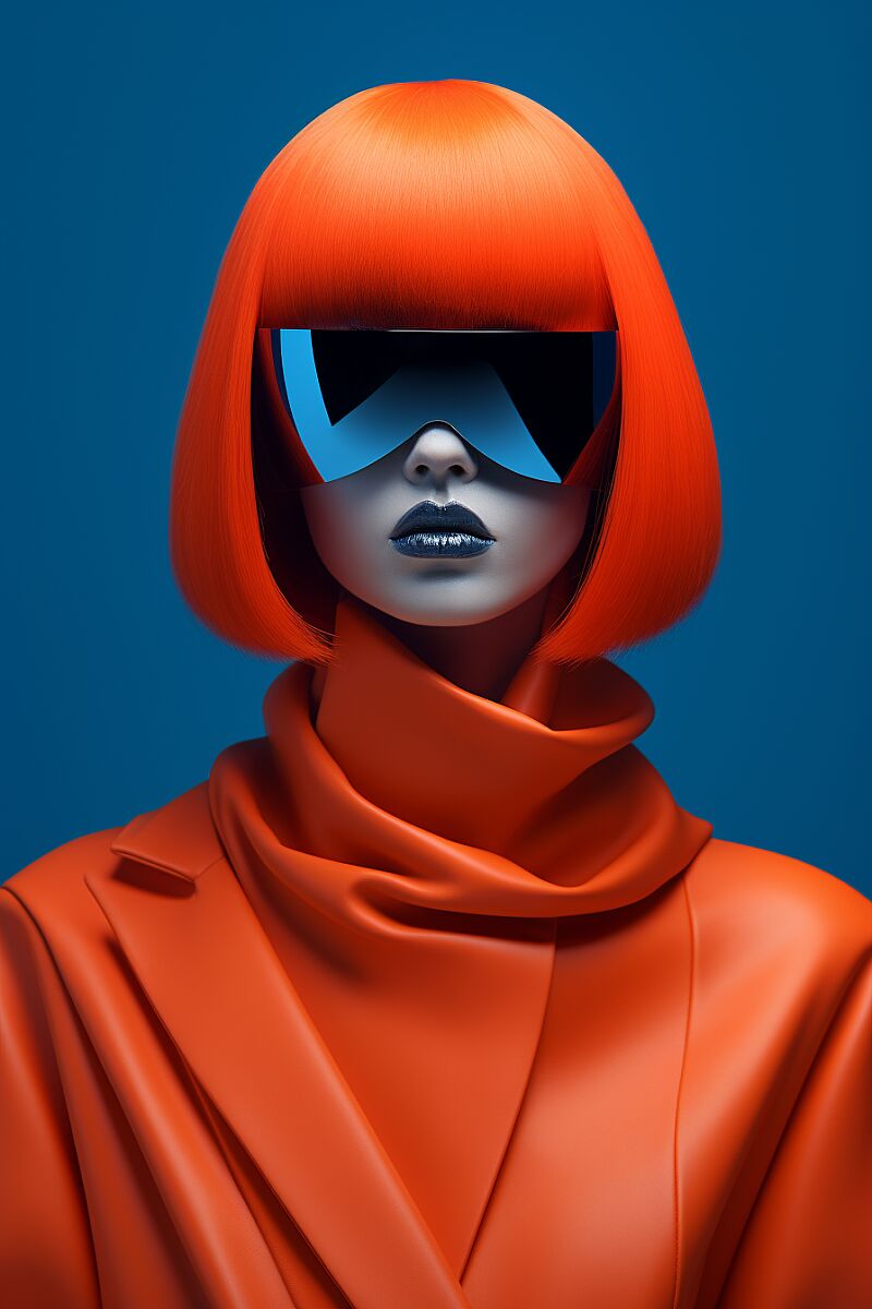 Metaverse, fashion, close up view of head, editorial photo, minimalism :: small cozy cyberpunk lounge, minimalism :: creamsicle, deep synthetic ultramarine blue, black --ar 2:3