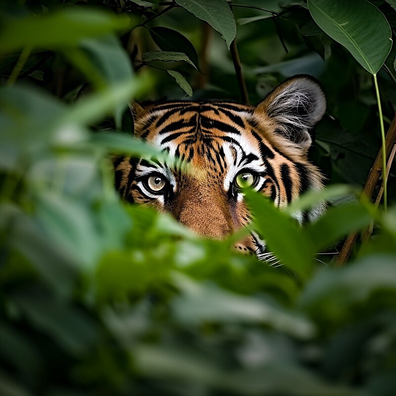 a wild tiger is hiding behind the leaves to attack, a person is worried not noticing, silent and still moment, slightly visible tiger in camouflage mode --s 50 --style raw